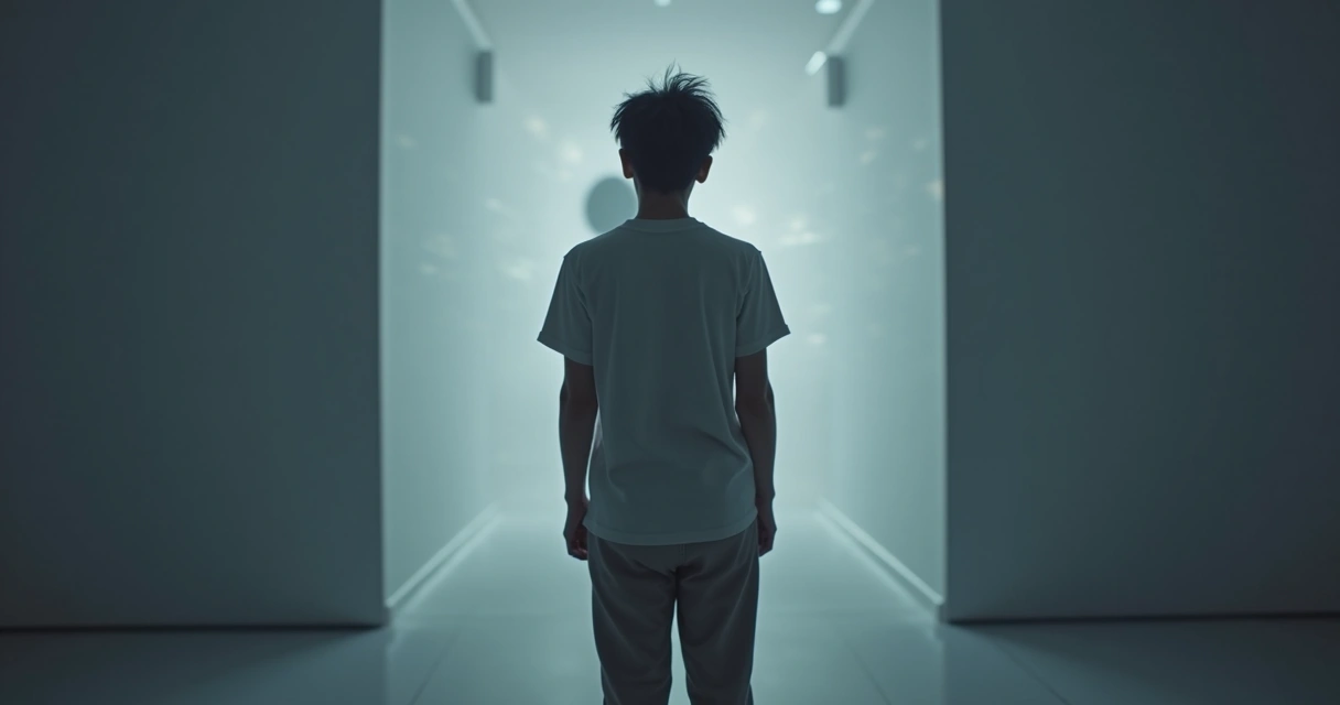 Person facing shadow silhouette with tangled threads connecting to their mind 