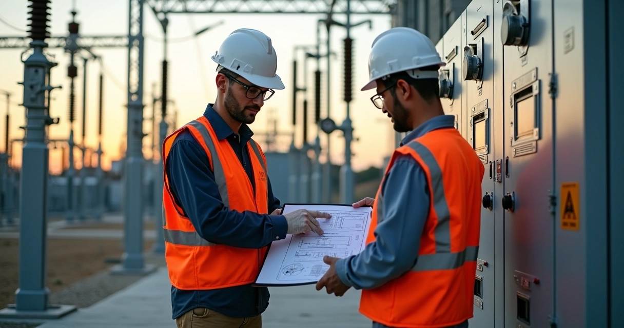 Engenheiros inspecionando subestação elétrica industrial em Curitiba