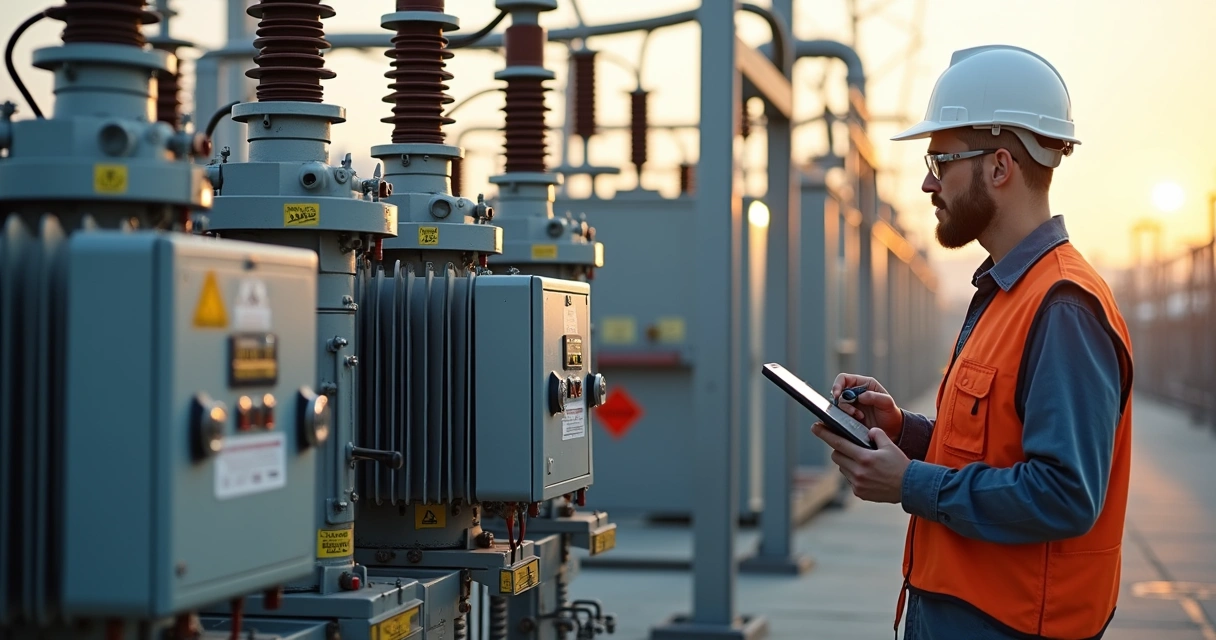 Engenheiro inspecionando equipamentos em subestação elétrica industrial de média tensão 