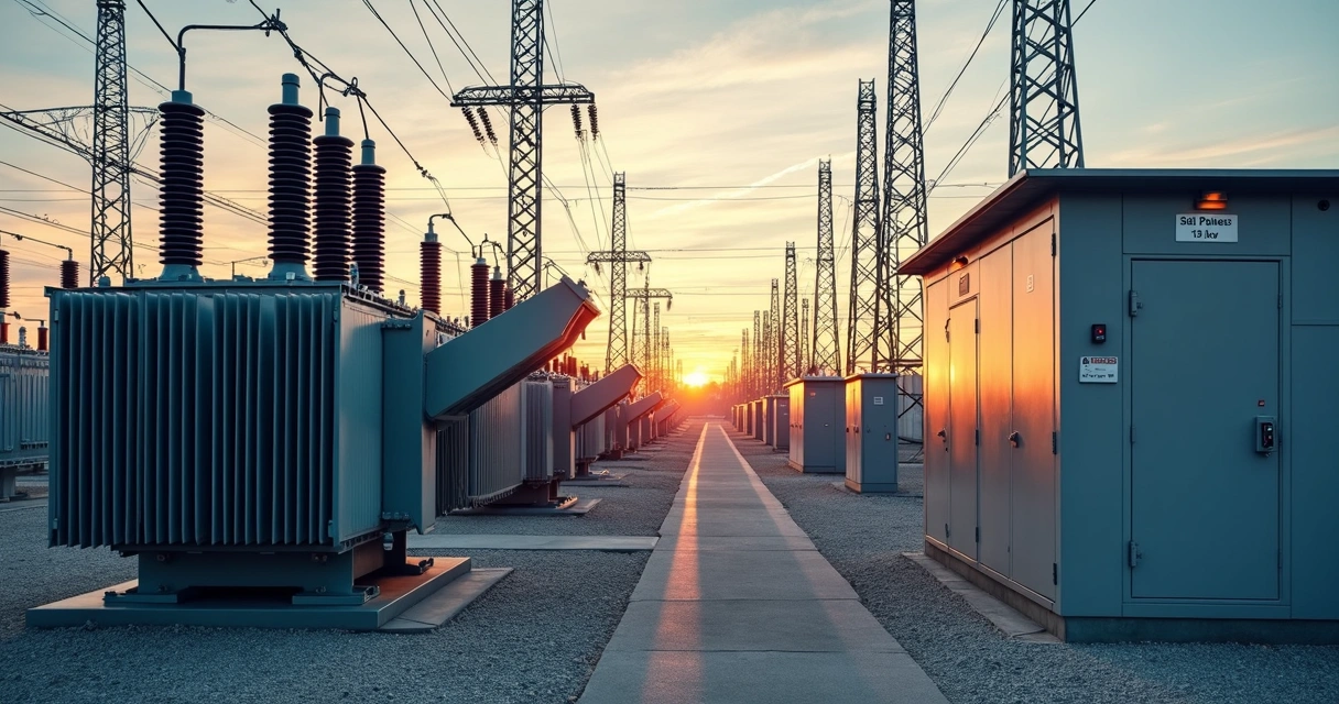 Vista de subestação de energia industrial com transformadores e painéis de proteção 