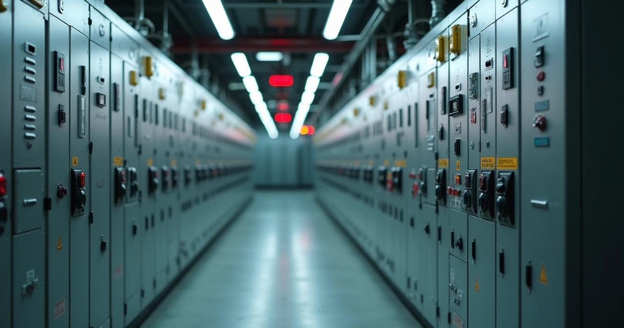 Painel de subestação com disjuntores em destaque 