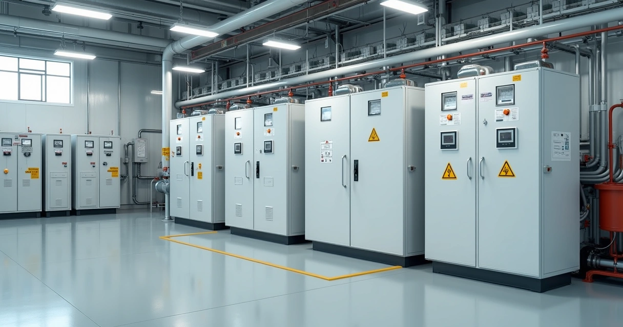 Subestação industrial de média tensão organizada, com equipamentos, painéis e sinalização de segurança 