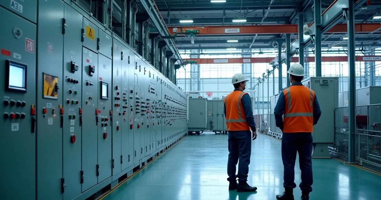 Subestação de média tensão com painéis elétricos e técnicos analisando o painel supervisório 