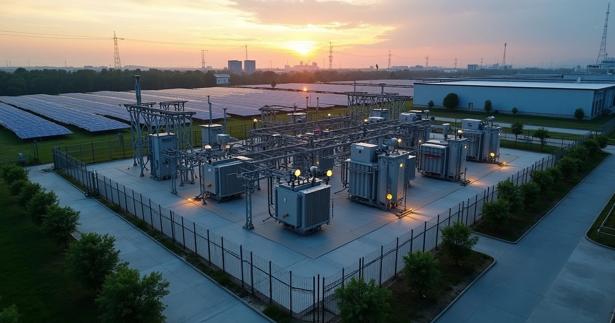 Vista panorâmica de uma subestação de média tensão em área industrial ao entardecer, com painéis solares ao fundo e vegetação ao redor 