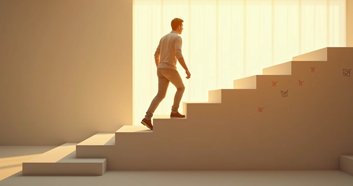 Pessoa subindo degraus com luz suave ao fundo