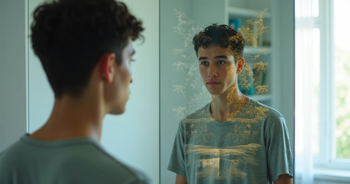 Person looking in mirror with overlapping double-exposure city and nature reflections 