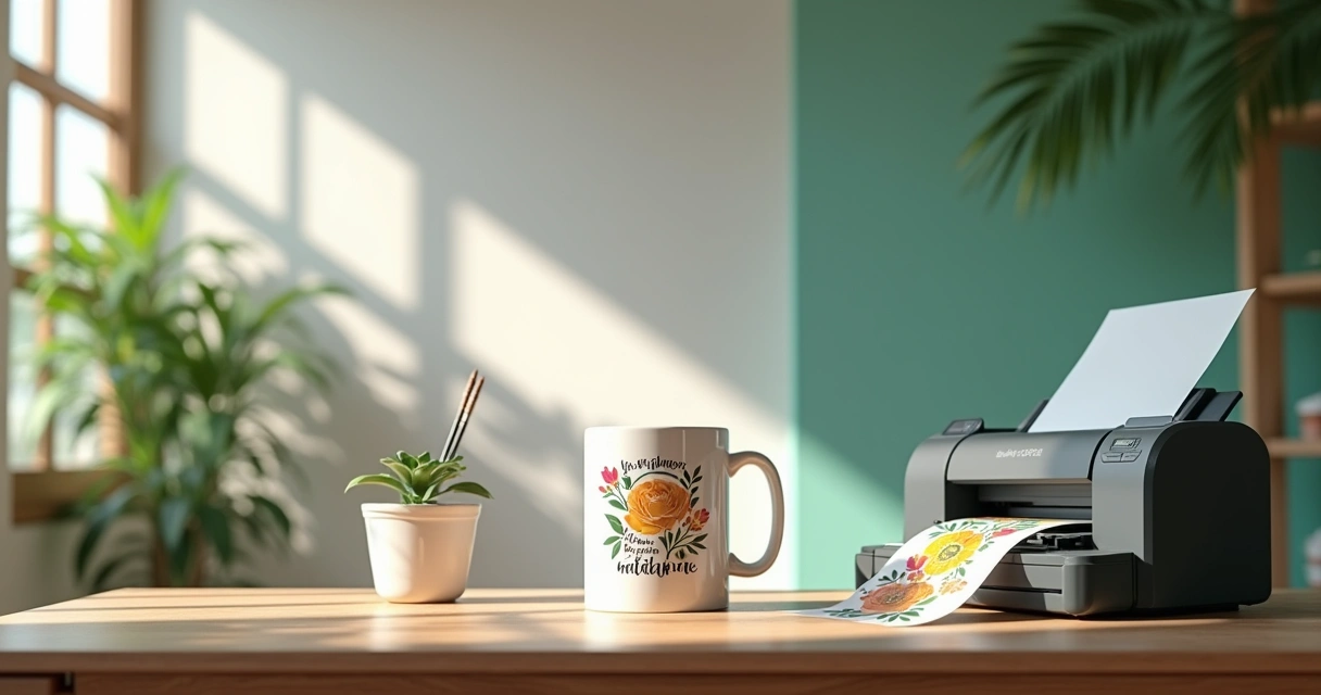 Caneca branca com design floral, impressora ao lado, e prensa térmica finalizando o processo de sublimação.