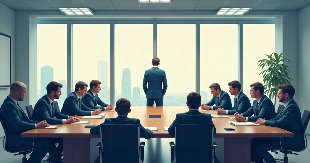 Reunião de trabalho, funcionários com postura fechada, clima tenso