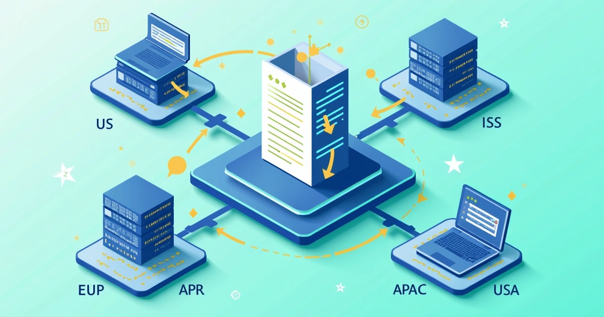 Illustration showing digital platform, cloud icons, and workflow arrows for data moving through subprocessors and regions. 