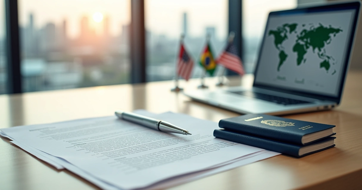 Documentos de empresa e passaportes alinhados sobre mesa com bandeiras de países 