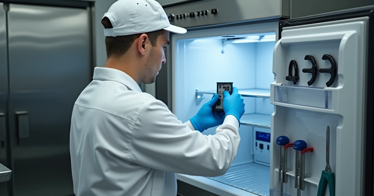 Técnico instalando peça em refrigerador industrial 