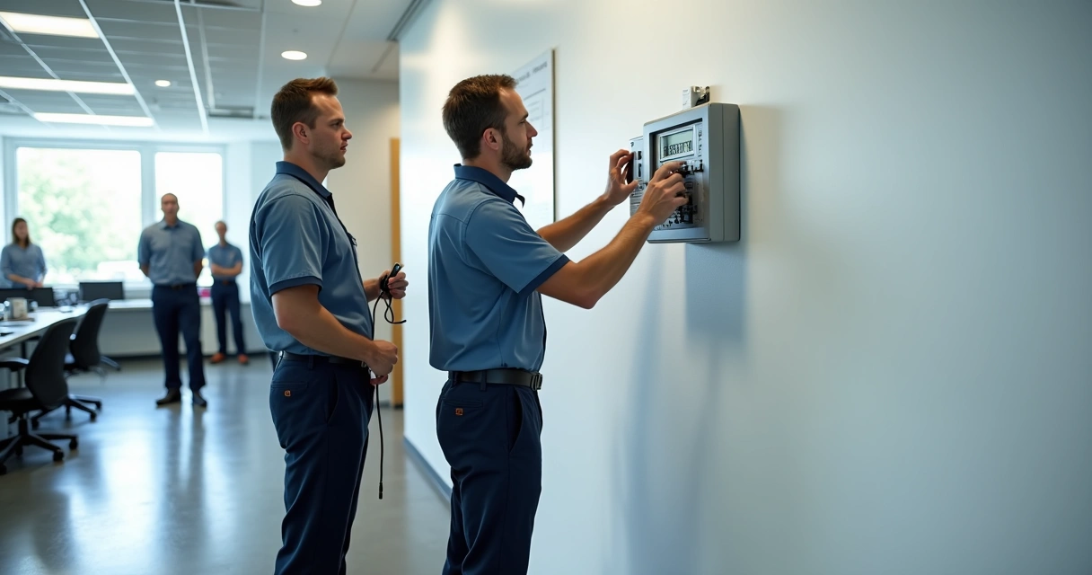 Equipe instalando novo relógio de ponto em empresa