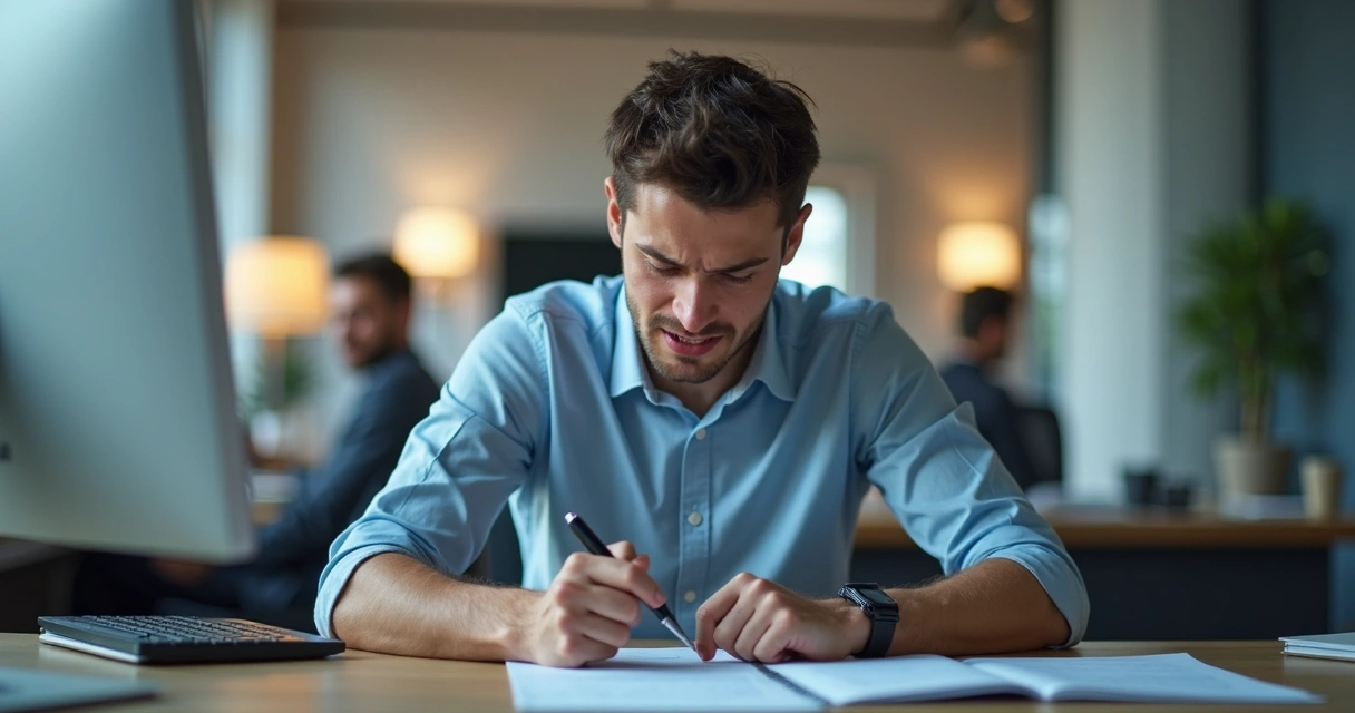Office worker sitting at desk with shoulders raised, showing tension while breathing 