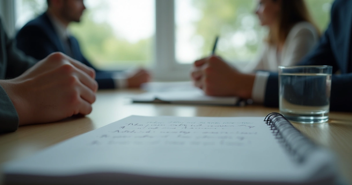 Close view of hands and notebook during a thoughtful meeting
