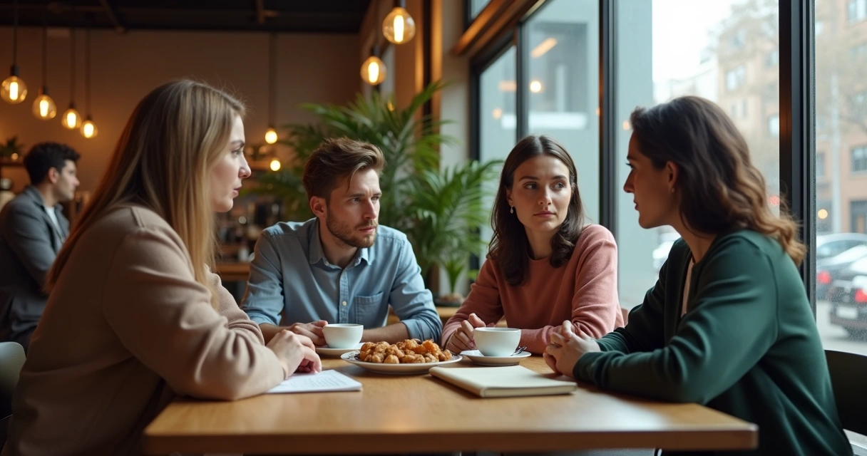 Group of adults at café table each slightly turned inward and disconnected 