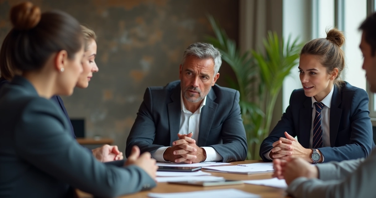 A group of people in a meeting, one person looking slightly uncomfortable 