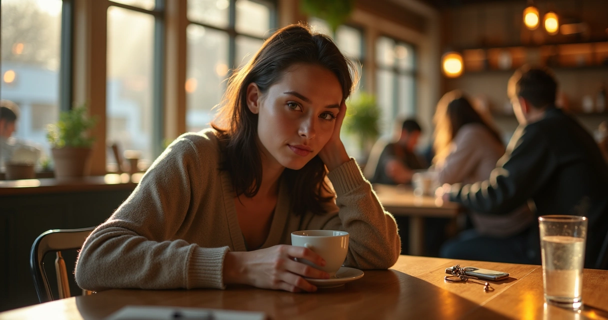 Crowded café scene where one person suddenly pauses with a distant gaze 