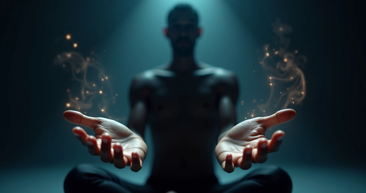 Hands hovering over a silhouette with subtle colored aura lines 