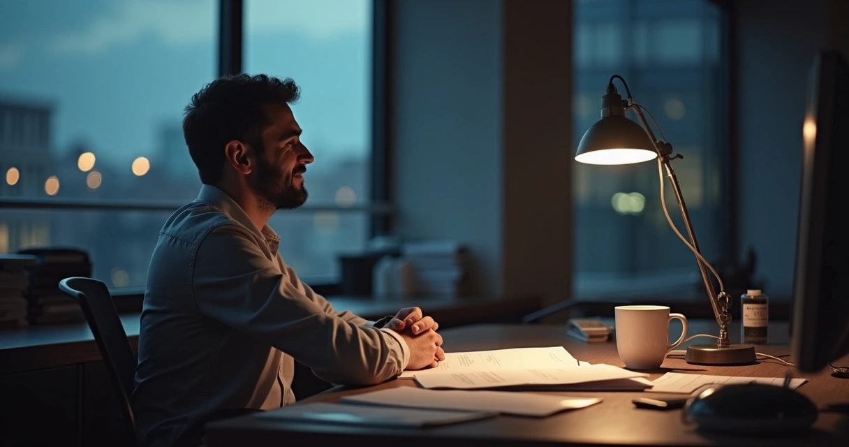 A person sitting at a desk, reflecting after a workday 