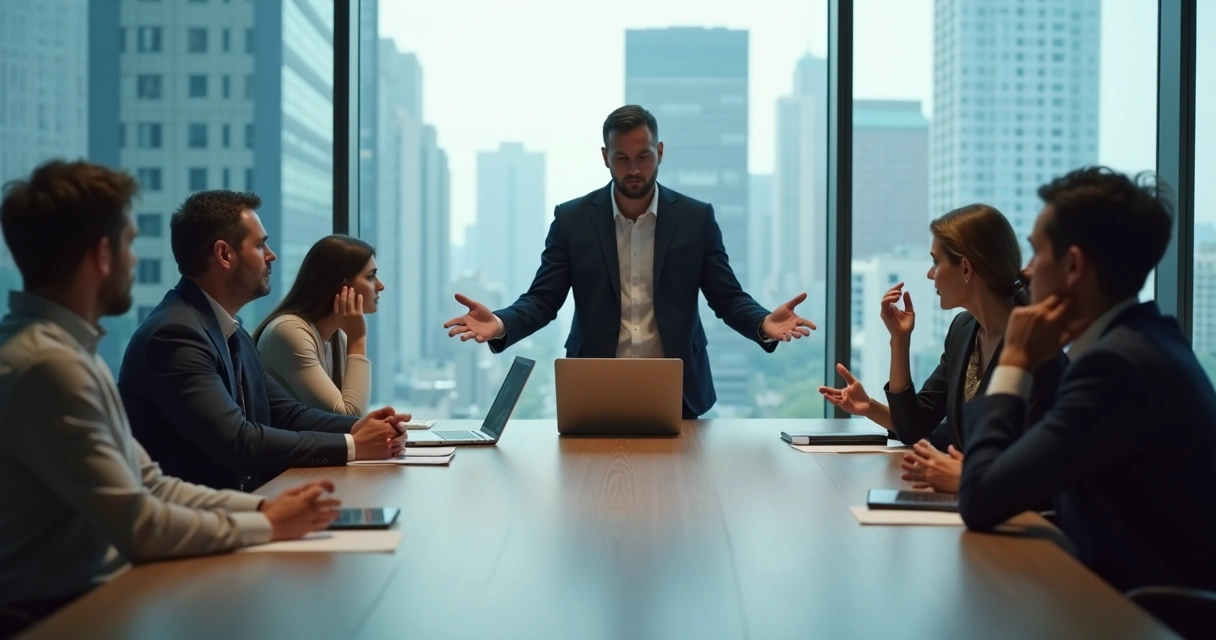 Team meeting with one person discreetly steering the conversation while others listen uncertainly 