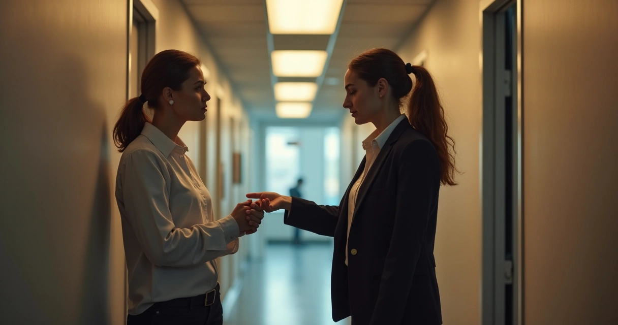 Quiet support between two colleagues in a hallway, small act of kindness shown 