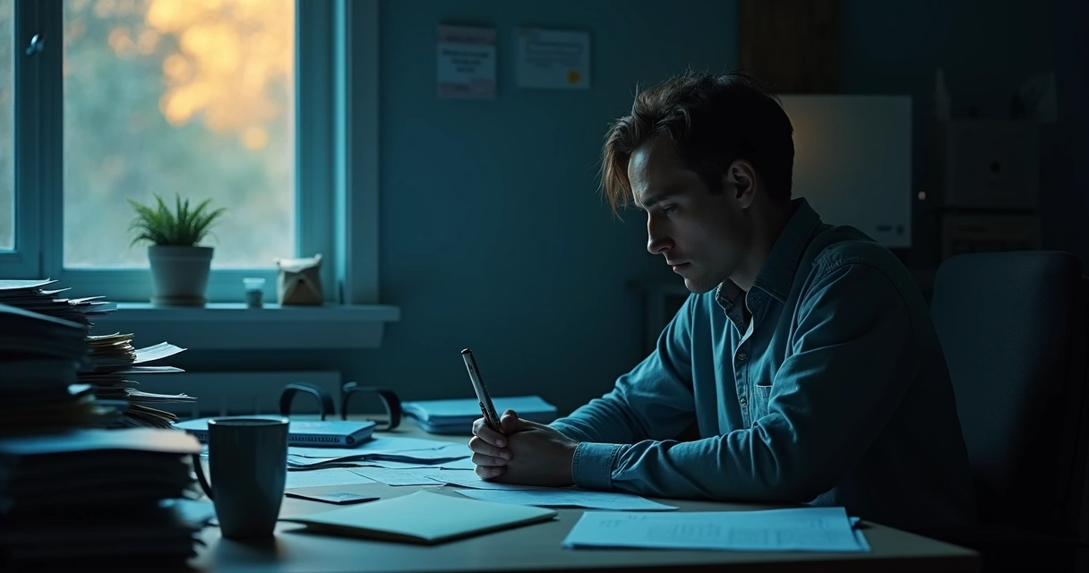 A person sitting alone at a desk with a dim light, papers scattered and coffee mug, faint sunrise outside a window 