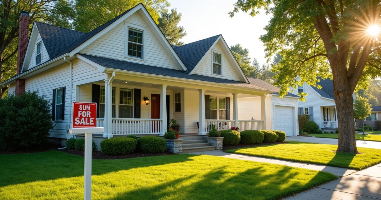 Suburban family home with for sale sign 