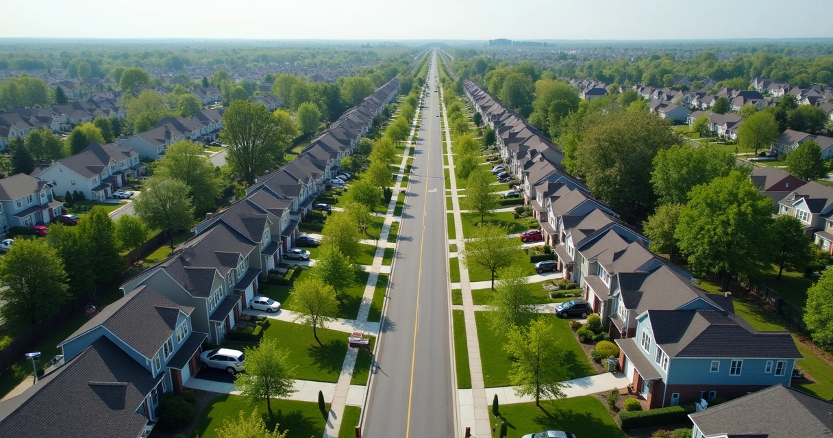 Aerial view of suburban neighborhood with houses and yards