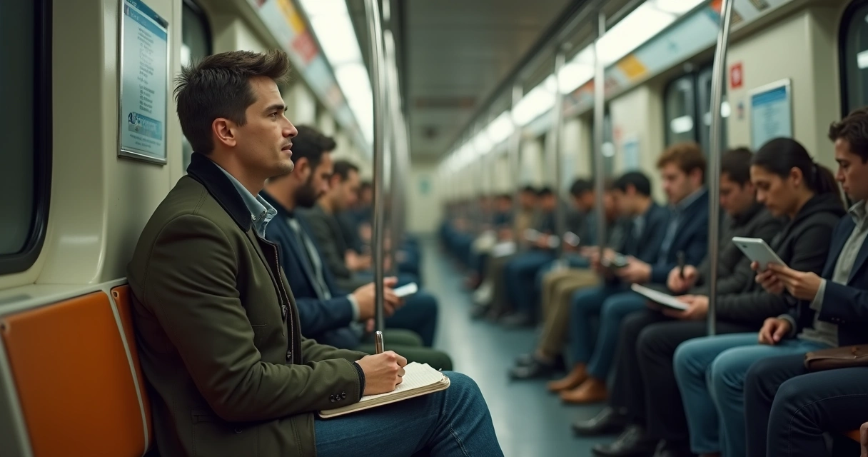 Commuter on subway sharply focused while others appear blurred 