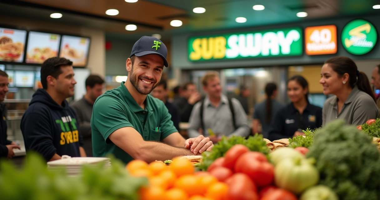 Celebridade montando sanduíche Subway com fãs 