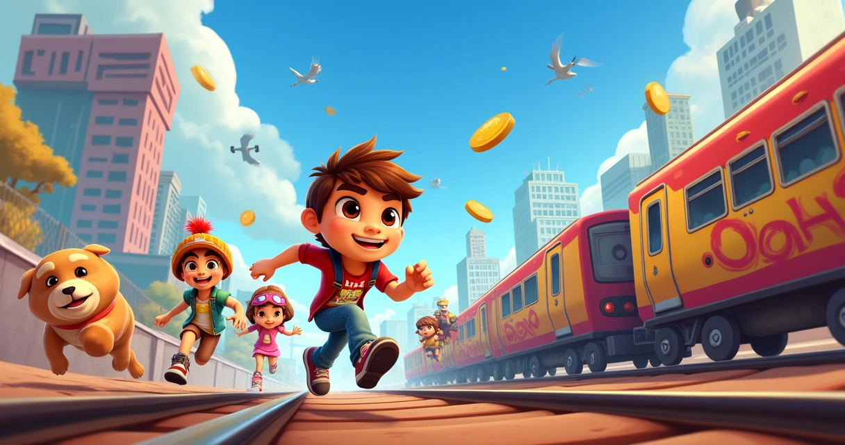 Cena vibrante do jogo Subway Surfers com personagens correndo em uma cidade colorida cheia de obstáculos.