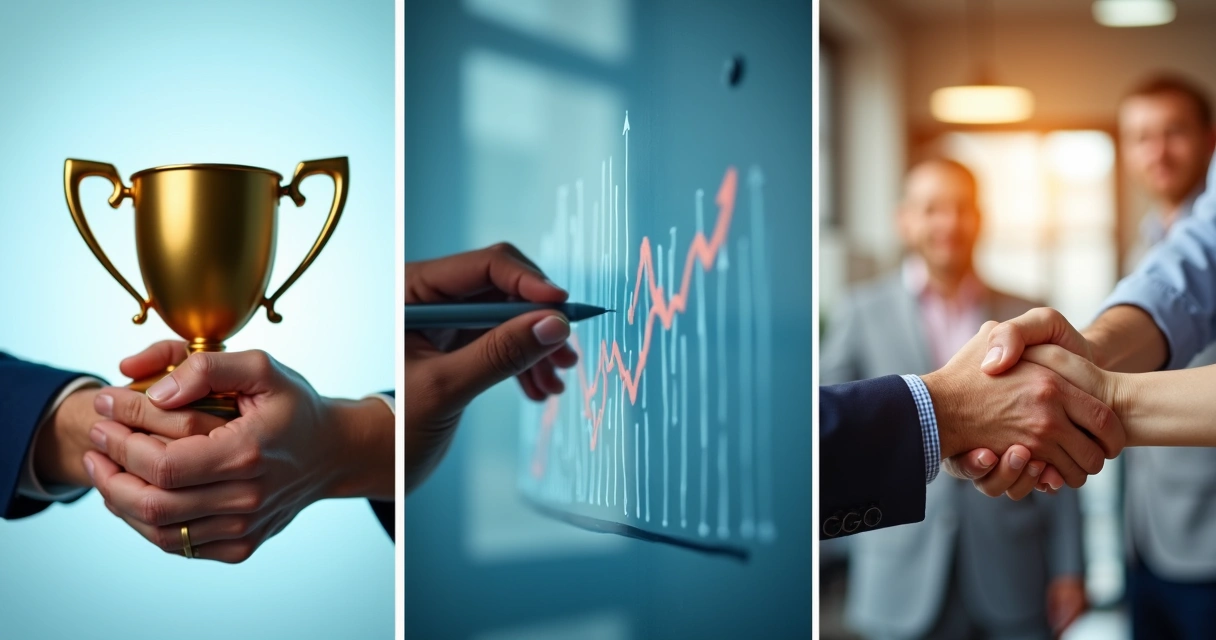 Collage showing hands holding a trophy, someone drawing a chart upward, and a teamwork handshake 