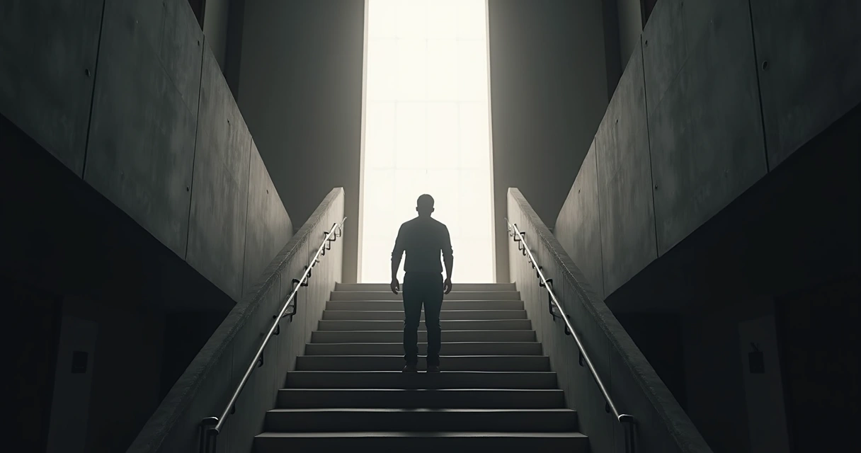 Person on top of a staircase hesitating before a bright open doorway