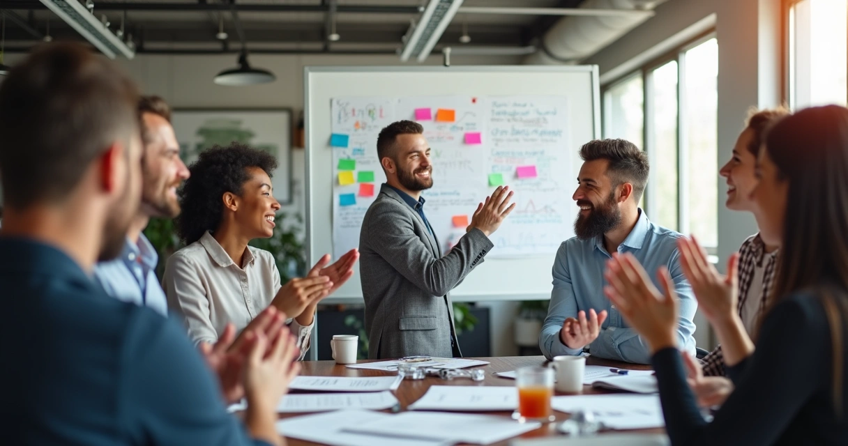 Celebrating team around whiteboard after success ritual