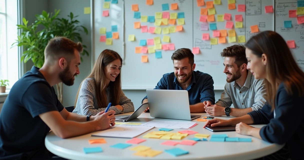 Frontend team brainstorming at round table with sticky notes and devices 