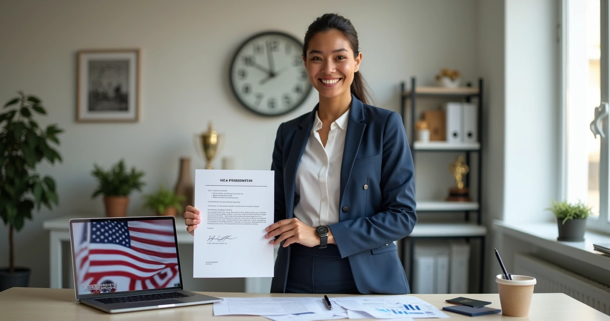 Immigrant receiving visa approval letter in office