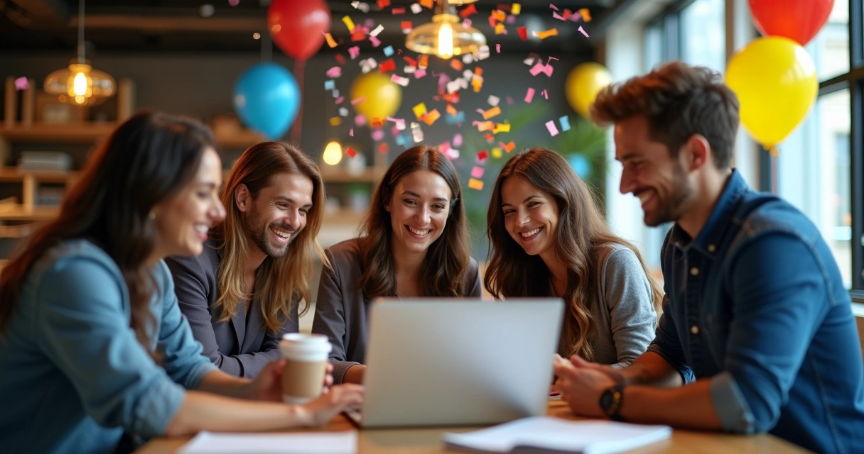 Startup team celebrating MVP launch with laptops and confetti 