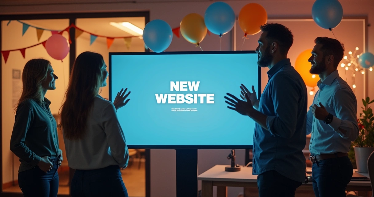 Small business team celebrating successful web project launch