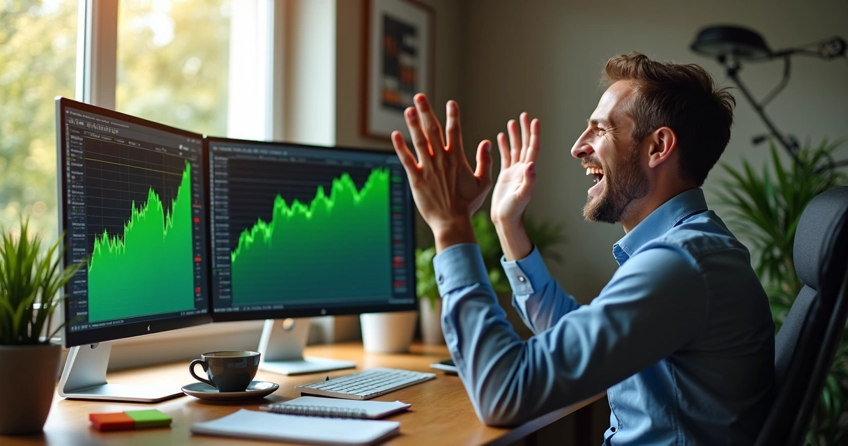 Happy trader at desk celebrating a successful trade