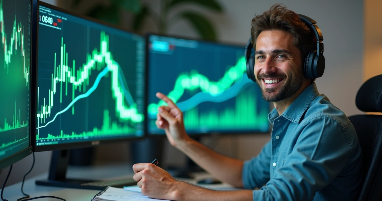 Smiling trader in front of green ascending charts 