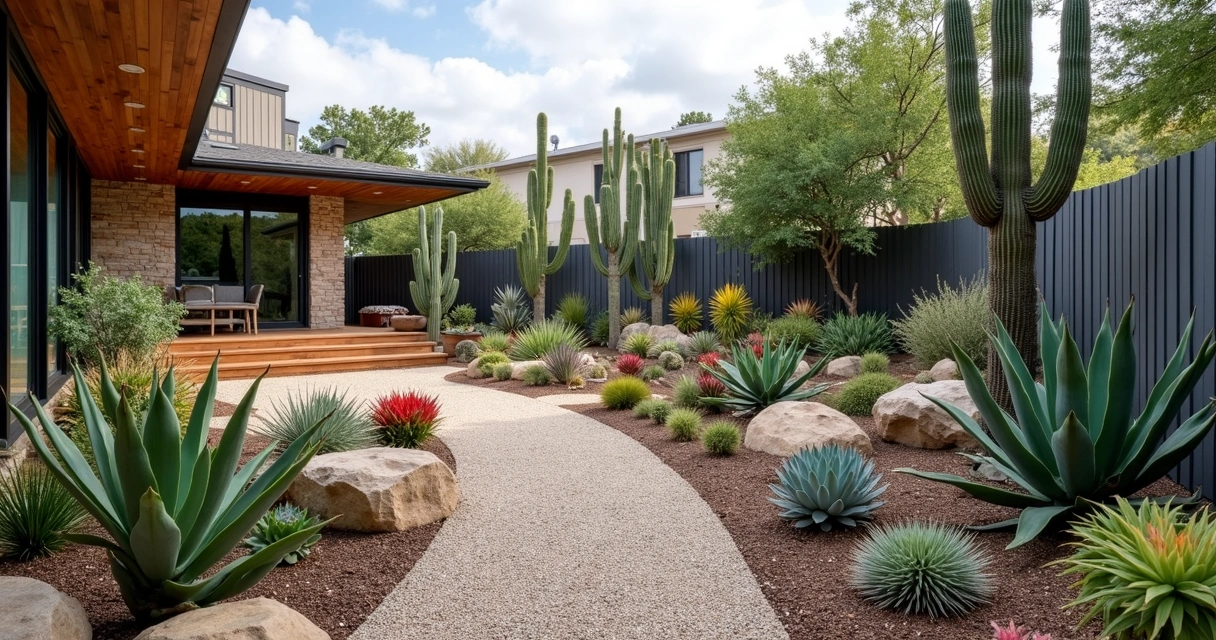 Modern Texas landscape with native succulents and cacti 