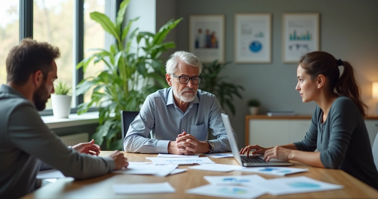 Familia de empresarios reunidos en una sala de juntas, con expresión de discusión 
