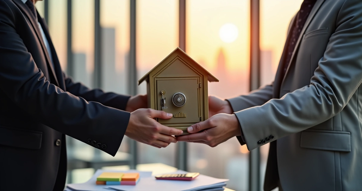 Cofre em formato de casa sendo passado entre duas gerações de empresários 