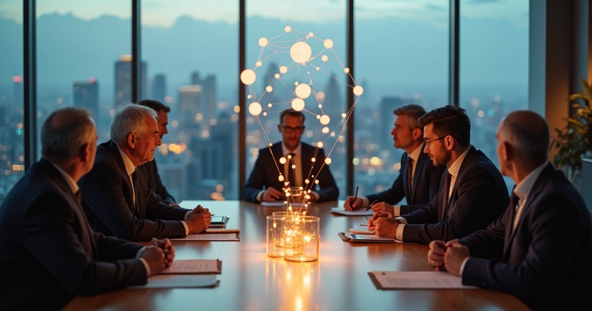 Mesa de reunião com gerações de uma família empresária conectadas por linhas luminosas 