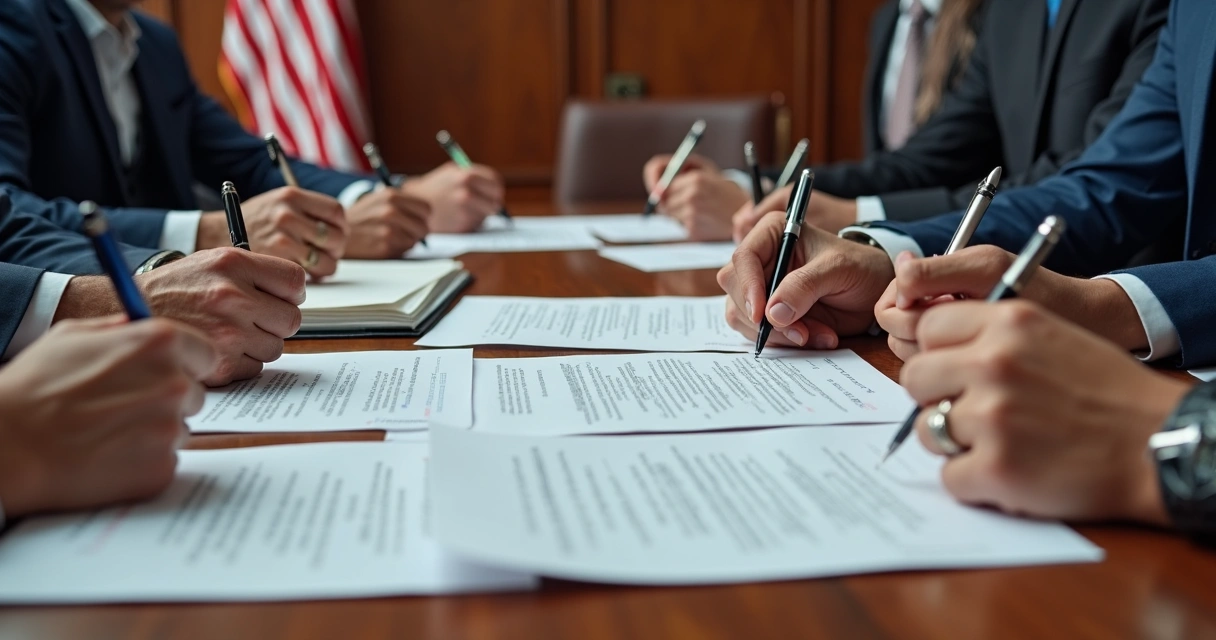 Como planejar a sucessão societária de negócios nos EUA 1 Mãos assinando acordo empresarial em mesa com documentos
