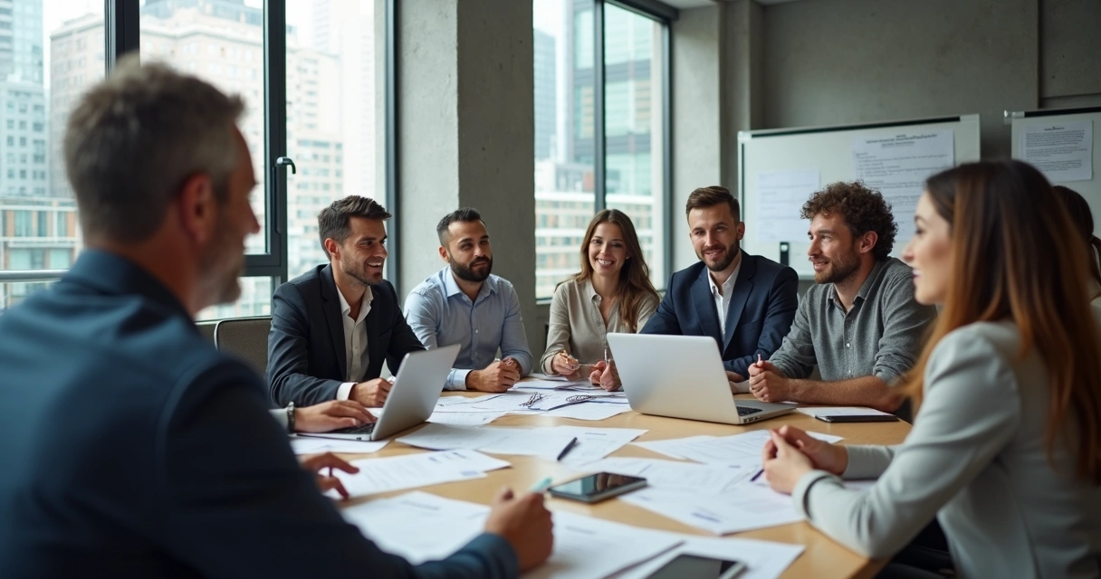 Equipe reunida em torno de uma mesa no escritório, discutindo sucessão empresarial 