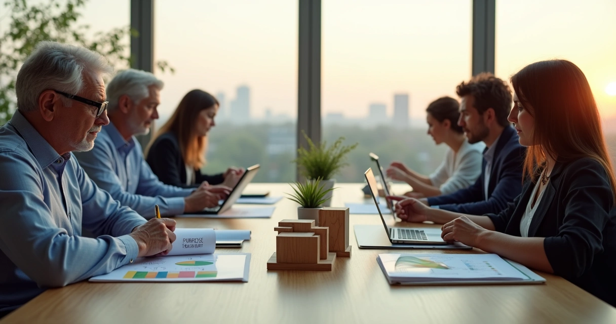 Reunião de família empresária em torno de uma longa mesa com várias gerações 