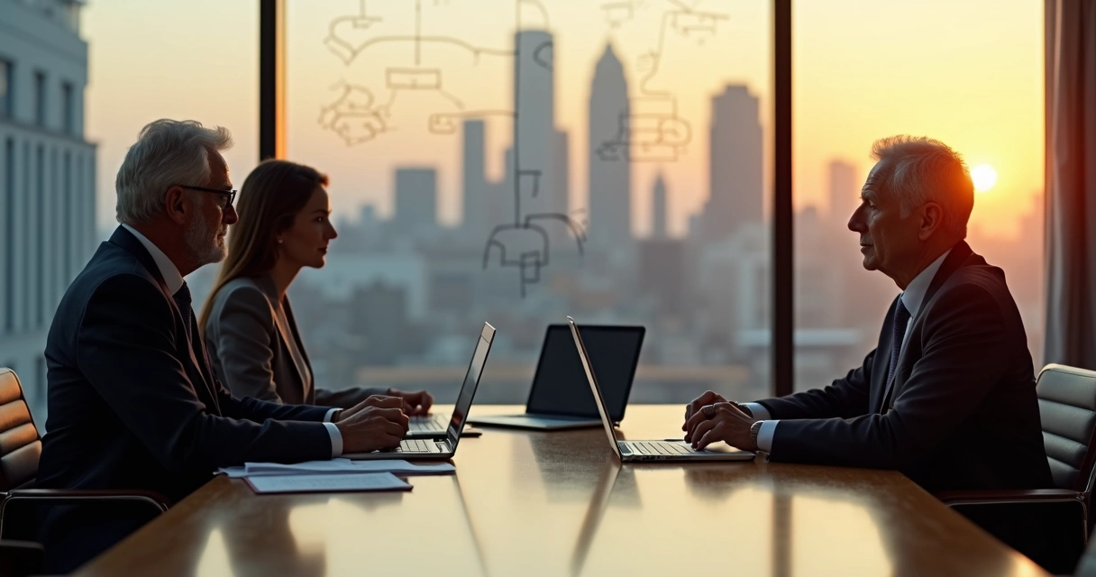 Reunião entre fundador e sucessores em sala de conselho moderna 