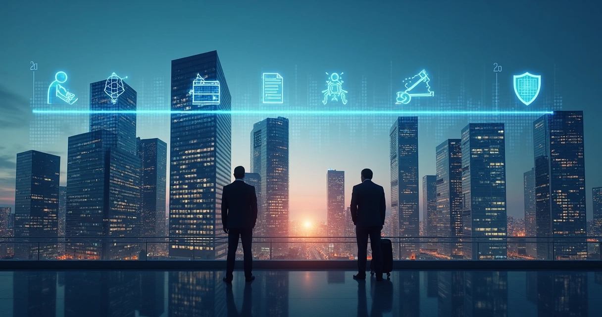 Linha do tempo empresarial com prédios conectados e ícones de sucessão 