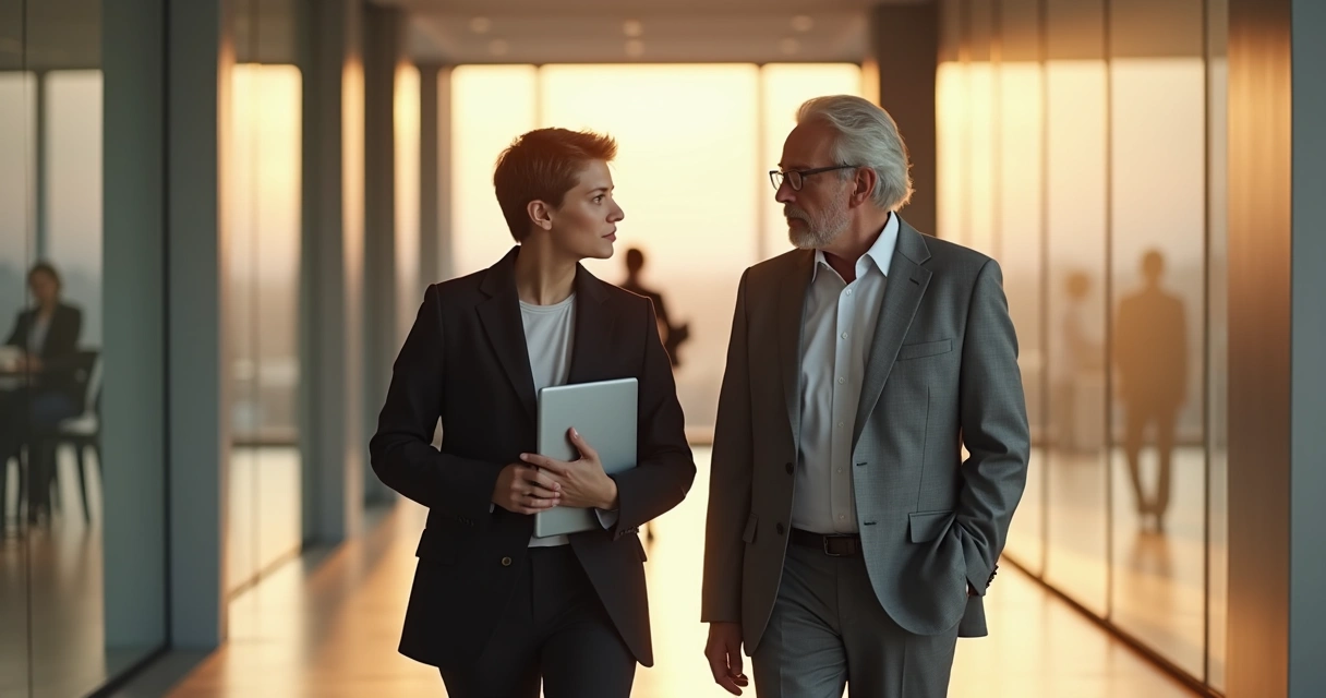 Sogra e sucessor conversando em corredor de empresa com tensão sutil no ar 